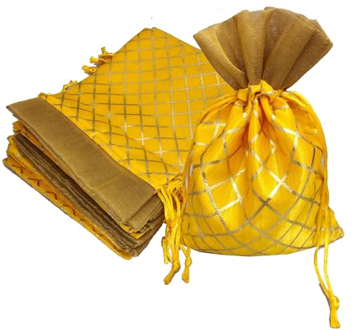Image of 3A FEATURETAIL 13CM X 18CM Small Drawstring Bags Pouches Potli for Gift Wedding Jewelry Packaging Bridal Party Favors for Women (10 Pc Pack, Yellow Color Golden Berfi Print)