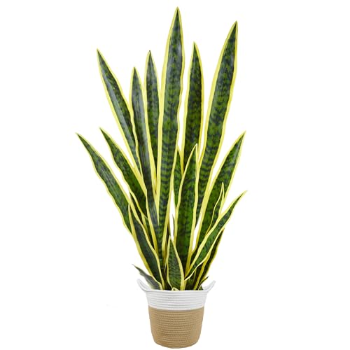 Warmplants Artificial Snake Plant, 3ft Fake Sansevieria with Basket, 35