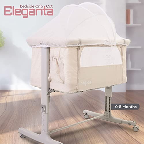 Image of Baybee 3 in-1 Baby Bedside Crib Cradle for Baby with Adjustable Height & Wheels, Baby Cot with Rocking, Mosquito Net & Mattress | Baby Crib for New Born Babies 0 to 18 Months Boy Girl (Beige) Metal