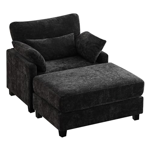 WUTUTUEE Luxurious Black Chenille Sleeper Chair & Ottoman: 57.5" Oversized Chaise for Ultimate Comfort in Your Living Room, Bedroom, or Office
