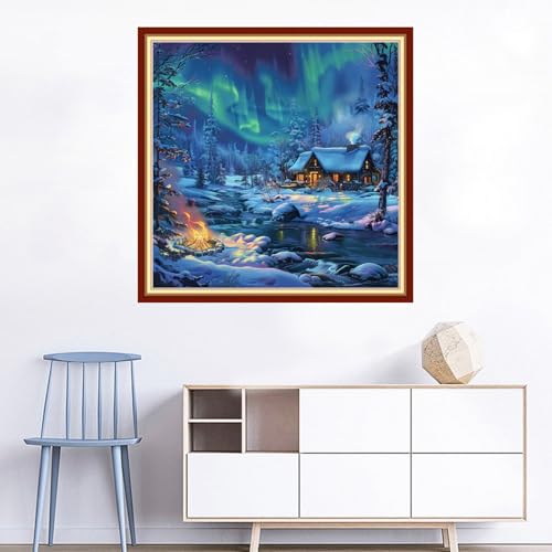 Image of Joyhoor Cross Stitch Kits for Beginners Stamped Cross-Stitch Supplies Needlework preprint Embroidery Kits for Adults DIY Needlepoint Kits Embroidery Patterns 11CT-Winter Snow Scenery 18x18 inchs