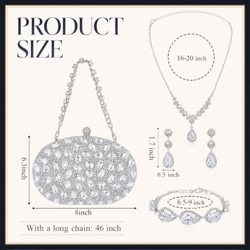 Image of Quelay 4 Pcs Purse Rhinestone Jewelry Set for Wedding Bridal Women Evening Clutch Bag Necklace Dangle Earrings Bracelets