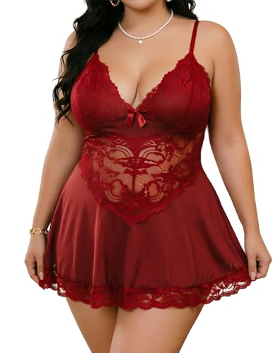 Image of Alrovetoney Women Plus Size Babydoll Lingerie Lace Chemise Mesh Sleepwear Strappy Sexy Nightgown Boudoir Outfit L-4XL