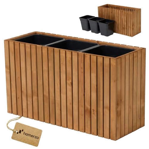 HOMERZO Pflanzkübel Holz – imprägniert wetterfest – mit herausnehmbarem Kunststoffeinsatz – Hochbeet Blumenkasten für Balkon Garten Terrasse (Vertikal-braun 98x36 H55 cm)