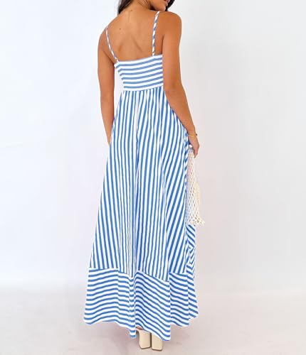 Image of NUFIWI Women Summer Striped Maxi Dress Spaghetti Strap Cutout Ruffle Long Dress Flowy Swing Beach Vocation Dress
