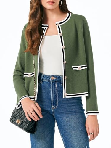 Image of Saodimallsu Womens Cropped Cardigans Crew Neck Color Block Button Down Long Sleeve Fall Knit Sweater Jackets