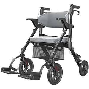 Rollator-Walkers-for-Seniors-with-Seat, Walker Wheelchair Combo, Transport-Wheelchair-Lightweight-Foldable, Adult Walkers All Terrain, 2 in 1 Rolling Walker Chair with Brakes & Pouch-2024 New