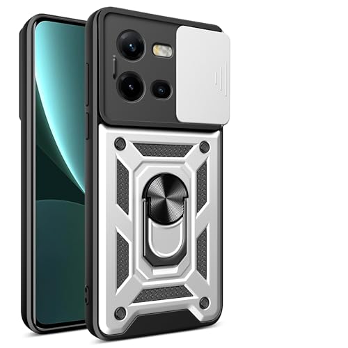 JayModCase Funda para Vivo V25 5G/V25E 4G/X80 Lite 5G Carcasa con Protección Militar Antigolpes, Cubierta de Cámara Deslizante y Soporte de Anillo Giratorio 360° Case for Vivo V25E 4G - Plateado