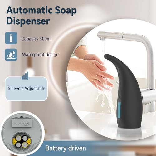 Image of Automatic Soap Dispenser, 10oz /300ml for Bathroom & Kitchen | 4-Level Adjustable Touchless Hand Soap Dispenser ,Battery Operated Electric Dispenser, Plastic Material Soap Holder (Black)