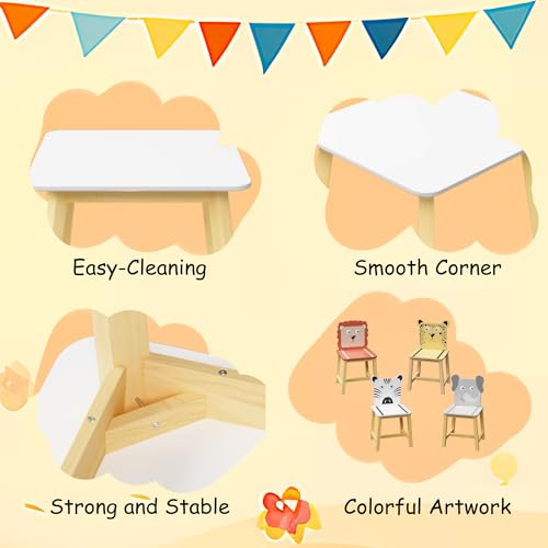 Image of Wood Table & Chairs 5 Pieces Set, Boys Girls Activity Table w / 4 Animal Shaped Chairs, Solid Wood Legs, Safe Rounded Corners, Playroom Furniture for Boys & Girls Activity Dining Drawing Craft.