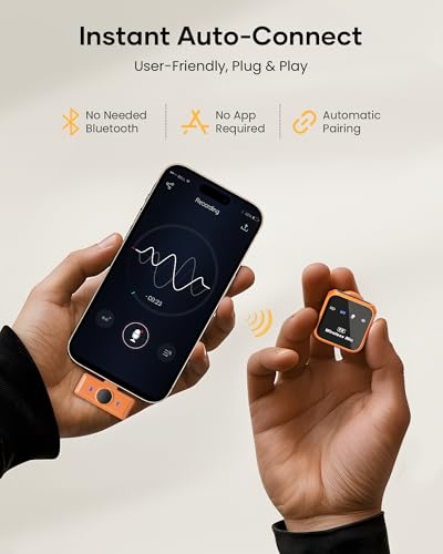 Image of Wireless Lavalier Microphone for iPhone iPad Android with Charging Case 80h Battery Life, Noise Cancellation, 164ft Range Plug-Play Clip On Lapel Mic for YouTube, Video Recording, Vlog (Orange