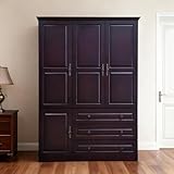 Uzvoxhe Solid Wood Armoire Wardrobe Closet with 3 Doors, 3 Drawers and Walnut Finish, Bedroom Storage Cabinet with Shelves and Hanging Rod, American Style Freestanding Wood Armoire-Black Walnut