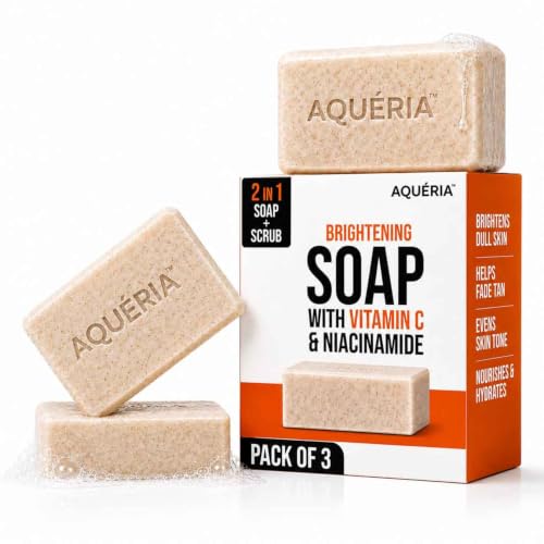 Image of Aqueria 2-in-1 De-Tan & Brightening Soap with Vitamin C & Niacinamide | Instant Brightening & Exfoliating Soap with Kojic Acid | Scrub Side for Tan Removal & Smooth Side for Brightening (Pack of 3)