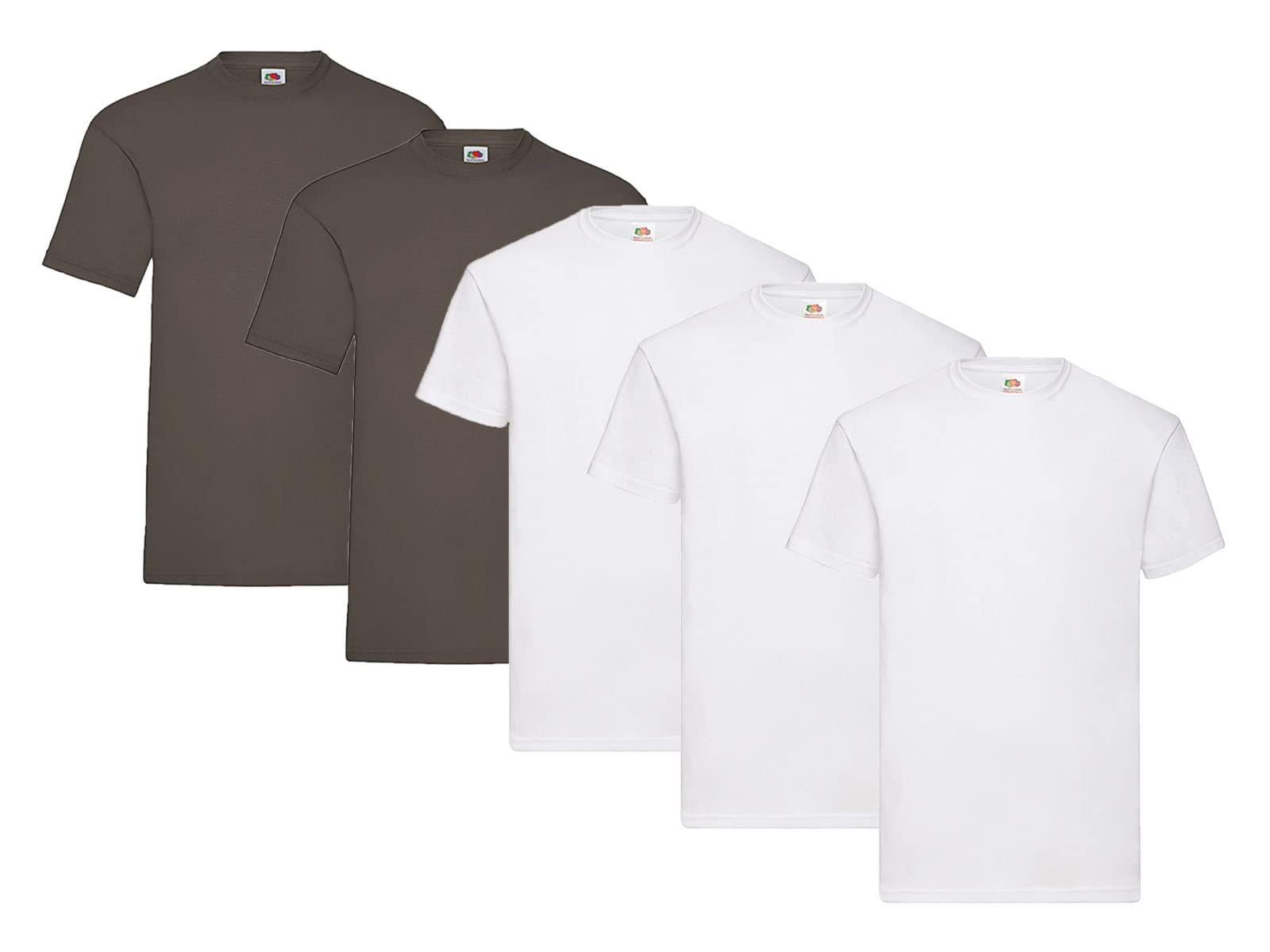 Fruit of the Loom Pack of 5 value weight T-shirts, 3 x White + 2 x Chocolate + 1 Hl Purchase Notepad, M