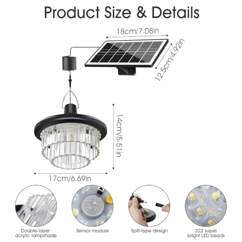 Image of Neoglint Solar Pendant Light Outdoor 222 LED IP65 Split Design Dimmable | Crystal-like design, 6 Color Temperatures 2700K-6500K, 16.4ft Cable for Gazebo, Galcony, Shed and Patio