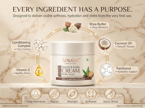 Image of MIRAME Look At Me Smooth & Bright Cream Body Scrub for Skin Brightening & De-Tan | Gentle Exfoliation & Smoothing Polish with Niacinamide & Shea Butter | Deeply Moisturizing Full Body Cleanser for Women & Men - 200 ml