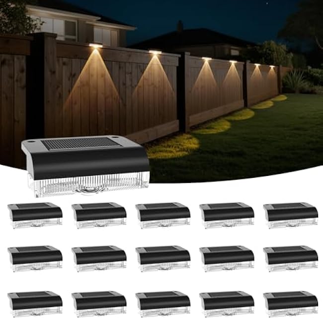 Solar Fence Lights Outdoor, 16 Pack Fence Light Solar Powered, Deck Lights Waterproof Led for Garden, Backyard, Patio, Pathway, Railing, Pool, Stairs, Step, Warm White