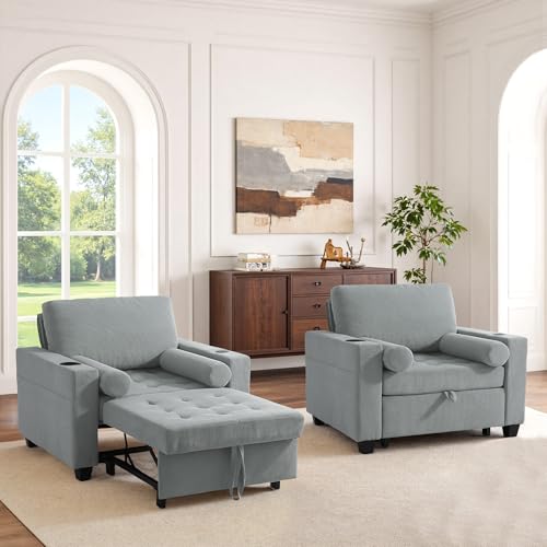 Image of 3-in-1 Sleeper Sofa Chairs Set of 2, Pull Out Sofa Bed Convertible Reclining Seat Upholstered Armchair, Adjustable Backrest Recliner Chair with Side Pockets, Cup Holder & USB Ports - Gray