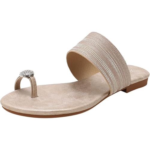 Women Toe Ring Slides Sandals with Rhinestone, Open Toe Slip On Flip Flop Sandals, Split Toes, ith Arch Support Comfy