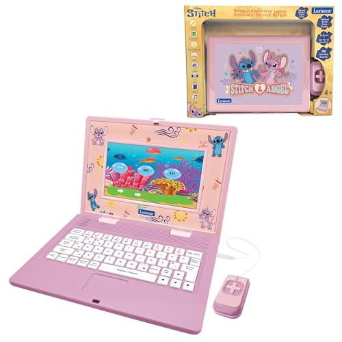 Lexibook, Disney Stitch, Computadora educativa bilingüe Franca/Inglés Ángel, 180 Actividades con Pantalla a Color de 7', Rosa, JC899D1i1