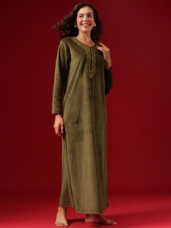 Image of Clovia Women's Velour Long Nighty - Green