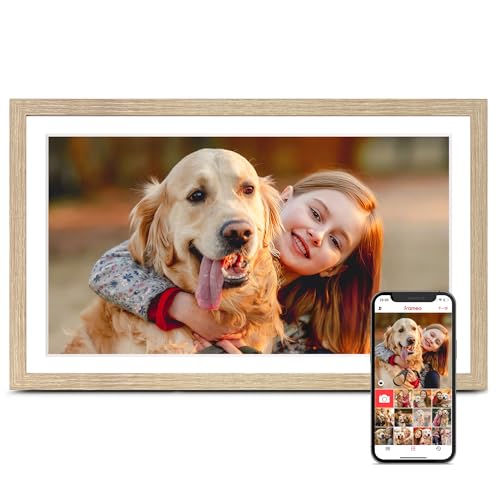 Image of Digital Picture Frame, Frameo WiFi 15.6 Inch Large Digital Photo Frame 32GB | 1920*1080 IPS FHD Touchscreen, Wall-Mountable, Share Video Picture, Electronic Photo Frame Slideshow, Mom Gift, Oyster White