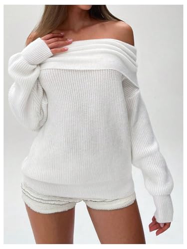 Image of GORGLITTER Women's Off The Shoulder Sweater Lantern Sleeve Ribbed Knit Trendy Pullover Tops White Small
