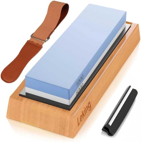 Leking Professional Knife Sharpener & Sharpening Stone Set: 1000/6000 Grit Dual-Sided Whetstone(7'x2.4'x1.2') with Bamboo Base, Non-Slip Silicone Holder, Angle Guide & Leather Strop Kit