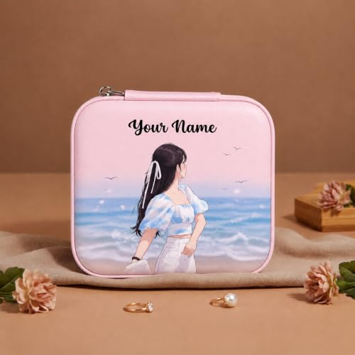 Image of PRIMIT Personalized Jewelry Box with Name & Birth Flower - Custom Travel Jewelry Organizer Case - Bridesmaid, Birthday, Christmas Gift for Women & Girls (Ocean View)