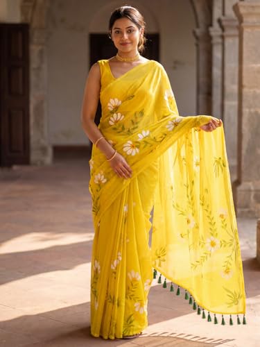 Image of AKHILAM Women's Cotton Saree with White Daisy Floral Prints Tassel Pallu Lightweight Summer Saree