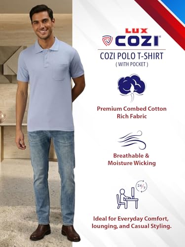 Image of Lux Cozi Men's Polo T-Shirt Regular Fit Half Sleeves with Pocket | Cotton Blend Polo Neck Collar T-Shirt for Men | Casual, Office Comfortable Breathable T-Shirt | Stylish Plain Tee