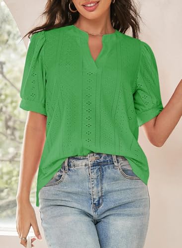 Image of Dokotoo Womens Blouses V Neck Puff Short Sleeve Business Casual Tops