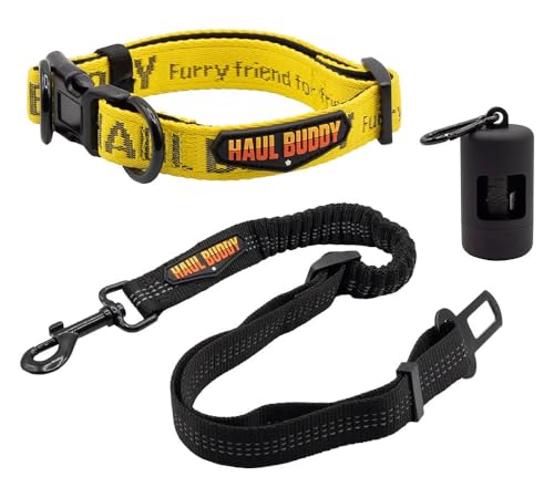 Mytee Products Small Breed Adjustable Dog Collar, Nylon Car Seat Belt Harness, and Poop Bag Holder Set for Male Female Dogs - Neoprene Padded Collar, Leak-Proof Waste Bag Dispenser