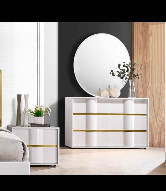 Modern Glam White Lacquer Wood 6-Piece Eastern King Bedroom Furniture Set with Gold Trim, LED Lightings Bed Set