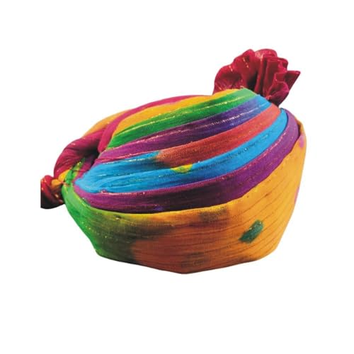 Image of DEHATIBAZAR | Traditional Turban with Tail | Safa with Bow | Red Base with Navy, Green, Orange Stripes | Rajasthani Safa | Provided with rubber ball support and packed in a corrugated box
