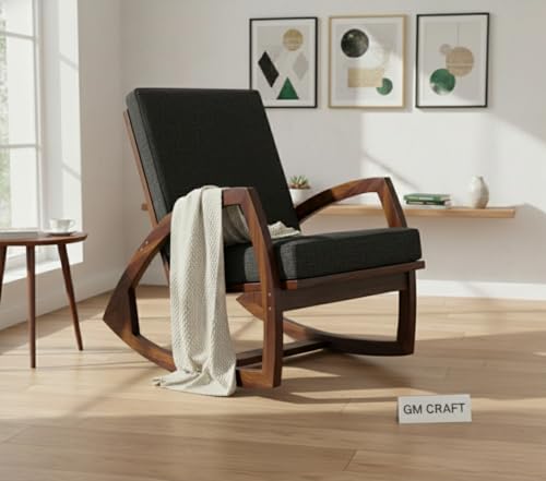 Image of Solid Sheesham Wood Rocking Chair for Living Room - Upholstered Relaxing Chair - Wooden Rocking Chair for Adults for Home Outdoor Indoor (Walnut, Riley)