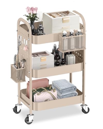 ALVOROG 3 Tier Rolling Cart with DIY Pegboards Metal Utility Cart with Wheels Handles Baskets Hooks...