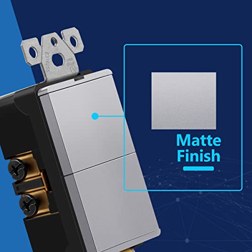 Image of LIDER Lighted Double Switch with Screwless Wall Plate, Combination Frameless Decorator Switch with Locator Light, Ground Terminal, Single Pole, 15A 120V, UL Listed, Thermoplastic, Matte Silver