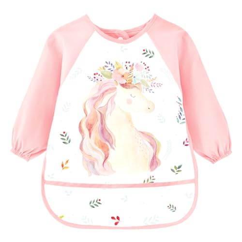 Montrestar Delantal Infantil Impermeable 3-8 Años Niños y Niñas, Bata Pintura Infantil con 3 Bolsillos y Mangas Largas, Babis Escolares para Pintura, Artes, Escuela, Tema Unicornio-A