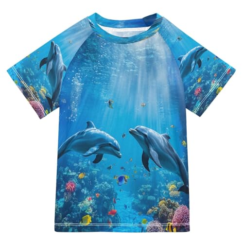 Toddler Boy Rash Guard Short Sleeve Swim Shirt Dolphin Print Rashguard 5-6T Beach Shirts Quick Dry,032