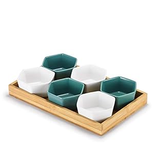 Supremery 6-delige serveerschalen snack schaalset van keramiek met dienblad van bamboe, dessertschalen hoekig, tapas schaaltjes tapas kom sauskom nabo dip schaal dipschaal dipschaaltjes