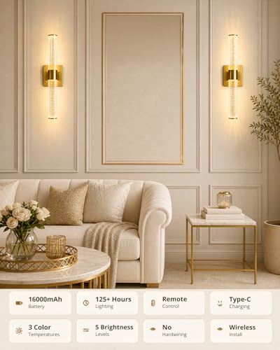 Image of Wall Sconces Set of Two,Guwikou Battery Operated Wall Sconce with 16000mAh Large Capacity,Screw-Mounted,USB-C Charging,Smart Auto, 30ft Remote abd 5 Brightness,for Bedroom Living Room Decor-15.8 Inch