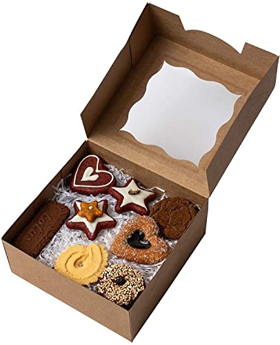 PIQIUQIU Lot de 24 boîtes cadeaux en papier kraft marron avec fenêtre pour pâtisseries - 10,2 x 10,2 x 6,7 cm