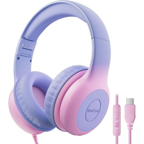 Image of EarFun K1 Kids Headphones Wired with Microphone, Typc-C, 85 /94dB Volume Limit Headphones for Kids, Portable Wired, Stereo Sound, Foldable Headset for Tablet /iPad /Kindle (Gradient Violet)
