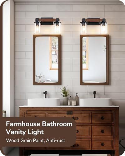 Image of EDISHINE 2-Light Painted Wood Wall Sconces, Farmhouse Vanity Light Fixture | Clear Glass Shade, Up & Down Mounting Optional, E26 Base, Rustic Charm, Waterproof for Bedroom, Powder Room