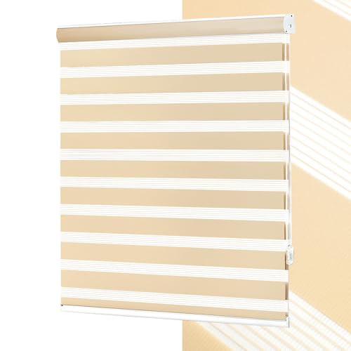 No Tools No Drill Zebra Blinds for Windows Cordless,Customizable Zebra Roller Shades, Dual Layer Blackout-Filtered Privacy Light Control Window Blinds Home Office, Easy to Install
