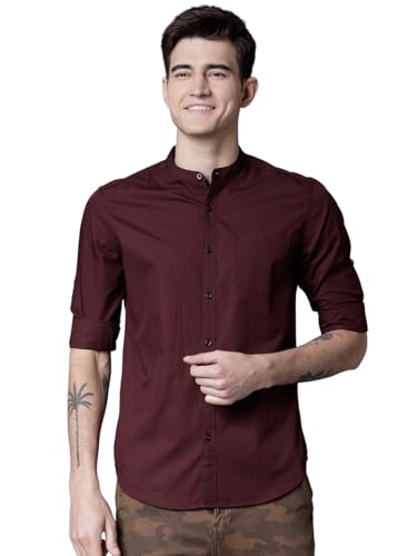 Image of Highlander Men's Slim Fit Casual Shirts | Solid | Long Sleeves | Mandarin Collar | Casual Shirts for Men