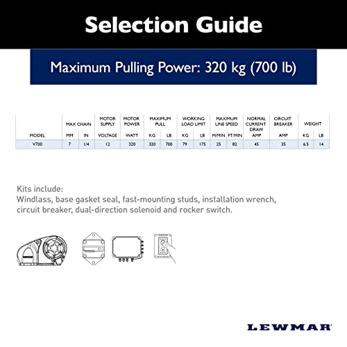 Image of Lewmar V700 12V Vertical Windlass for 1 /4 inch G4 Chain, Fall Safe Gypsy, Maximum pull 700 lbs., 316 Stainless Steel Construction, IP67 Rated Housing, For Powerboats and Sailboats 20'-30' - 2020201176