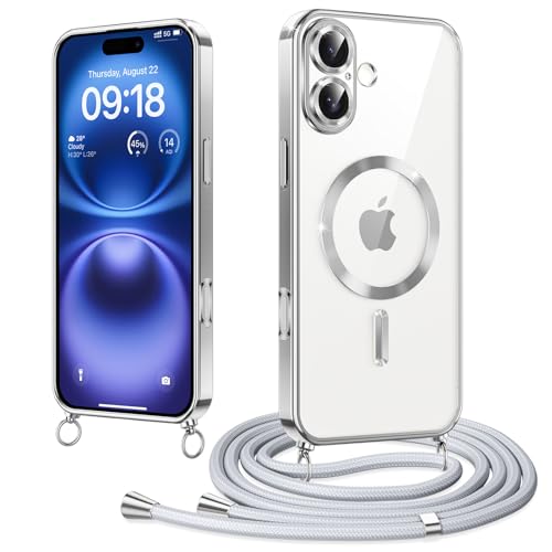 Elettrolitico Magnetica Cover con Cordino per iPhone 16 6.1 Compatibile con Magsafe Ricarica Antiurto AntiGraffio con Collana Regolabile Case per 16 wireless argento tpu