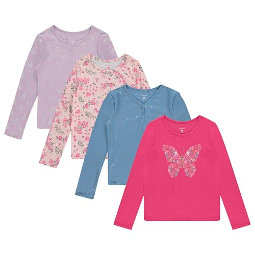 BTween Girls 4 Pack Long Sleeve Fashion Ribbed Tops Cotton Blend, Fun Vibrant Designs